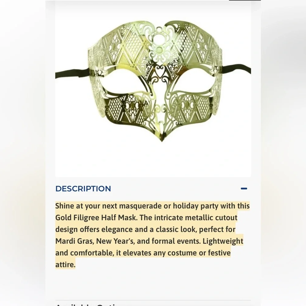 Elegant Gold Filigree Women's Masquerade Mask